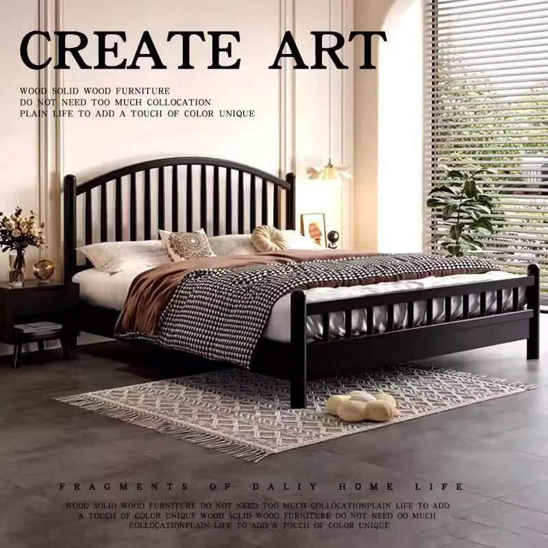 Nordic Black Solid Wood Bed 1.8m Single Bed 1.2m Guesthouse Windsor Bed Ins Style Japanese Modern Minimalist Bed