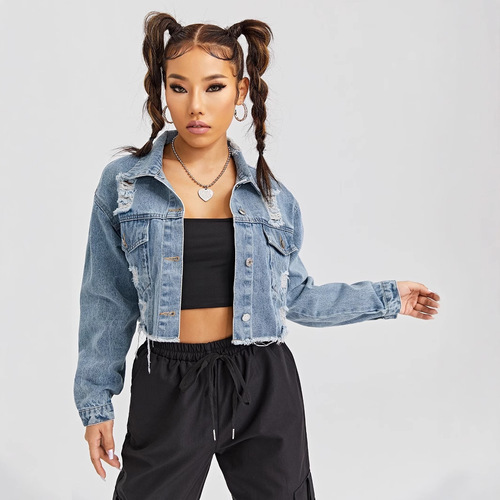 YT030#Amazon Cross-Border Women's Wear INS Casual Loose-Fit Distressed Long-Sleeve Cropped Denim Jacket