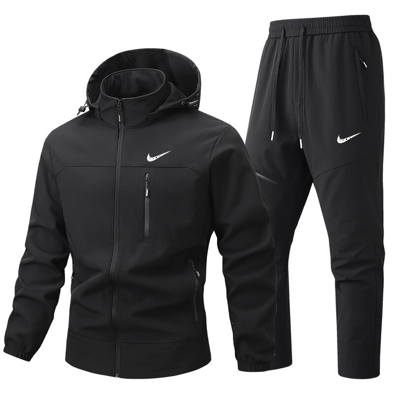 Softshell hooded jacket and pants set, men's autumn and winter outdoor sportswear, single-layer jacket and pants, two-piece set for young and middle-aged men