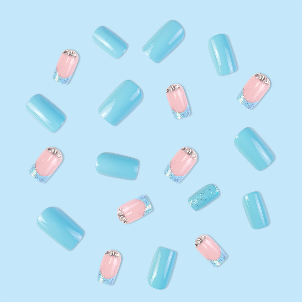 Venta caliente transfronteriza diamante estrella rosa azul arte de uñas desmontable ambiente de moda uñas de uso 24 piezas parche de uñas terminado