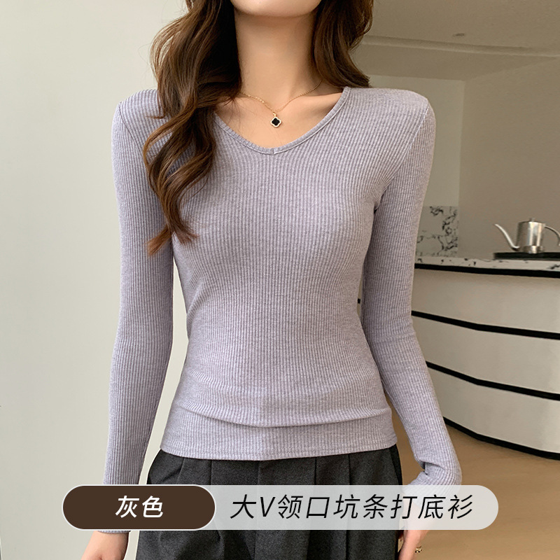 K1301韩系内搭长袖V领条纹针织衫女秋冬季新款修身显瘦打底衫上衣|undefined