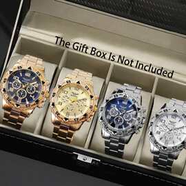 2025新款外贸直播批发爆款男士商务蓝光玻璃钢带三眼石英手表现货