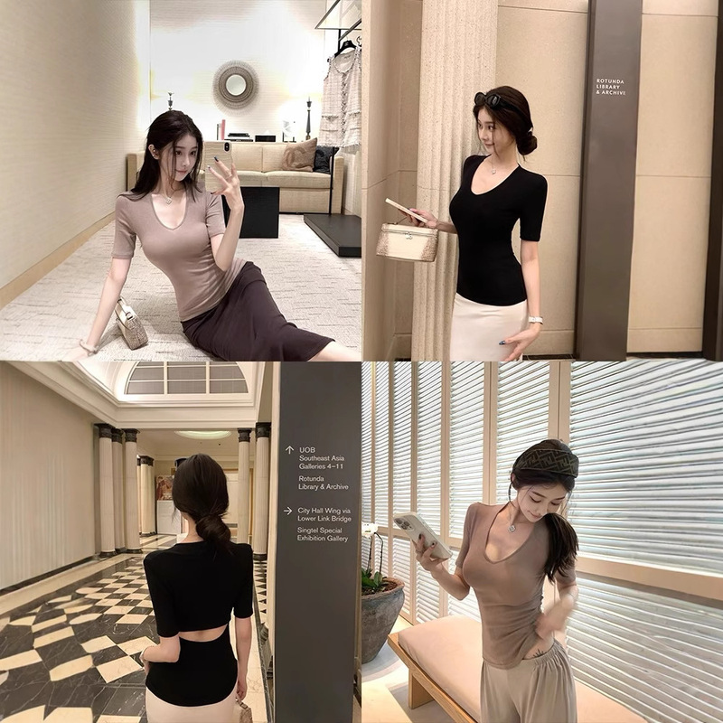 Han Yujia ミニマリストハイエンドサマーバック中空 V ネック半袖 T シャツレディースデザインニッチスリムフィットトップ|undefined