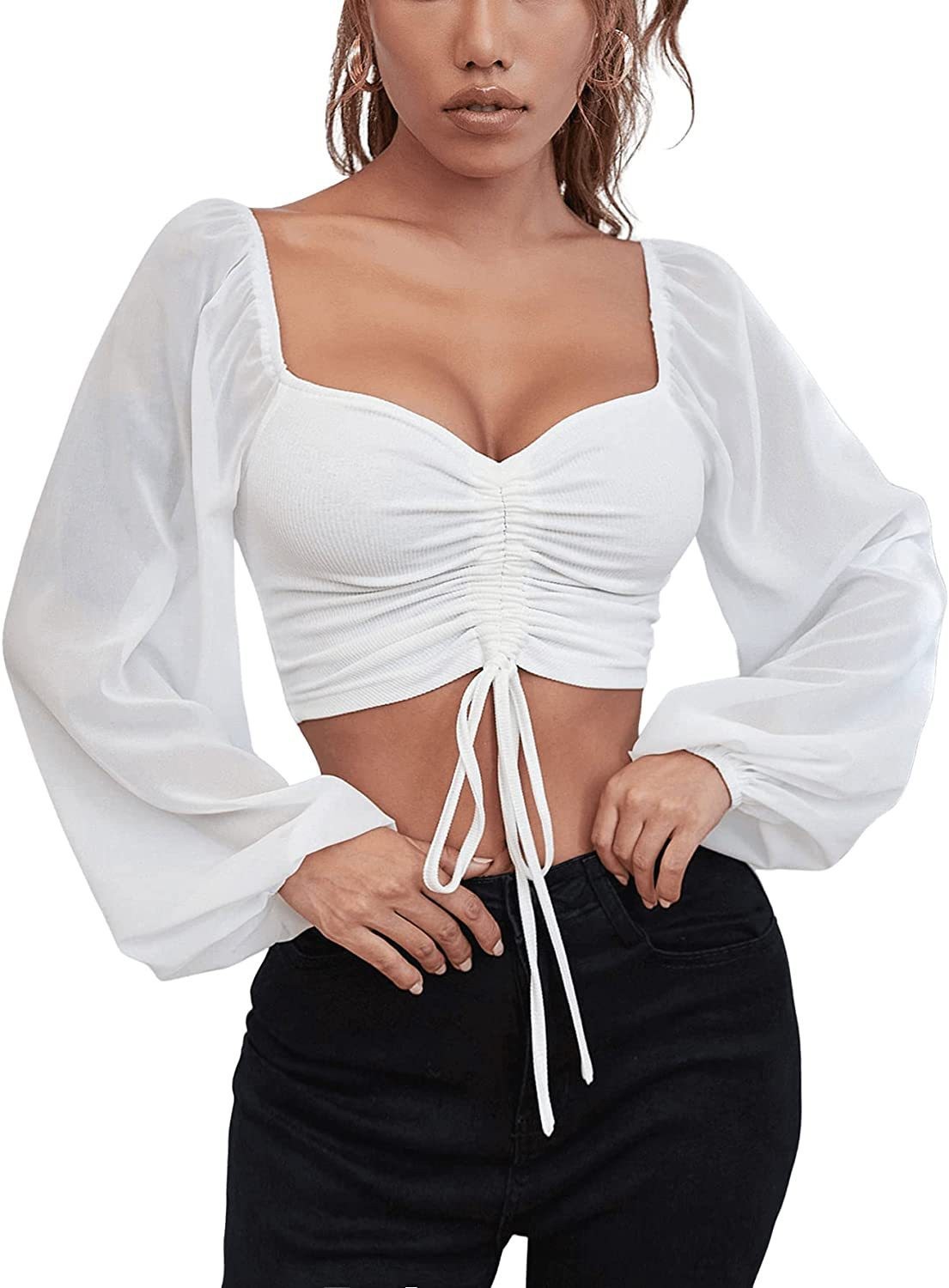 New Style Pit Stripe Chiffon Drawstring Lantern Sleeve Tight Fashion Women's Tops Shirt_senzul.com