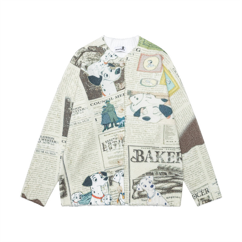 Cartoon puppy newspaper print cardigan sweater for boys, hip-hop trendy niche loose-fitting round-neck long-sleeve knit jacket