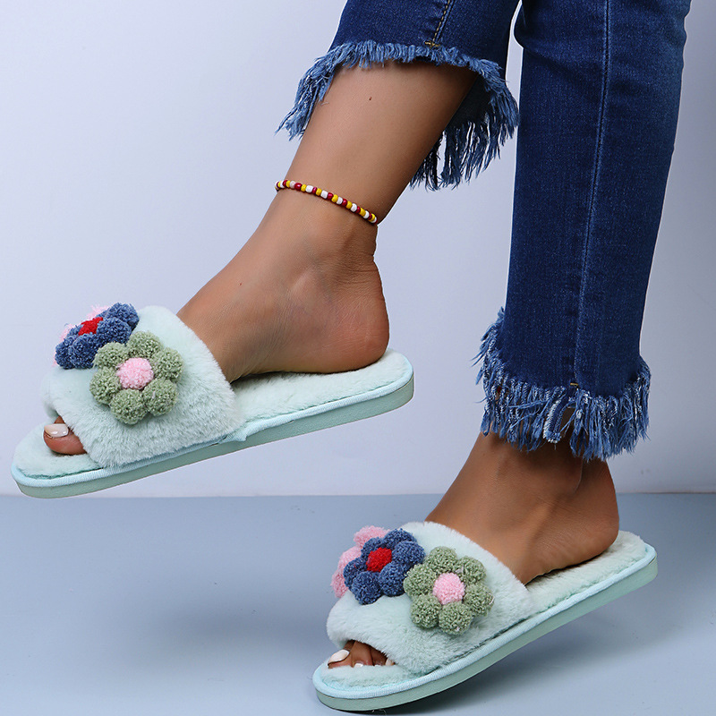 Flat-Bottomed Colorful Flowers Furry Slippers NSKJX104840