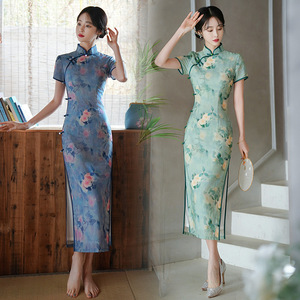 Spring cheongsam short-sleeved collar long cheongsam restoring ancient Chinese Dress retro cheongsam dress for women girls young modified cheongsam 