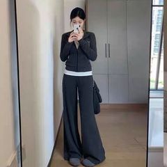2025新款秋季穿搭休闲运动套装女修身收腰翻领卫衣阔腿裤子两件套