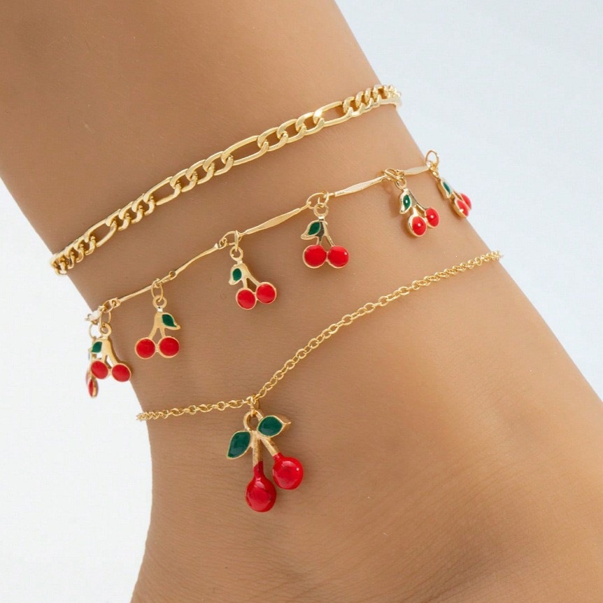 European and American Cross-Border Red Beaded Multi-Layered Foot Jewelry Set with Rhinestones, Cherry Anklet Three-Piece Set, Popular Accessories