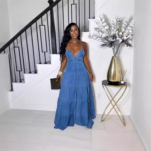 European and American women's cute and sexy V-neck halter dress with backless cake skirt long dress women's dress