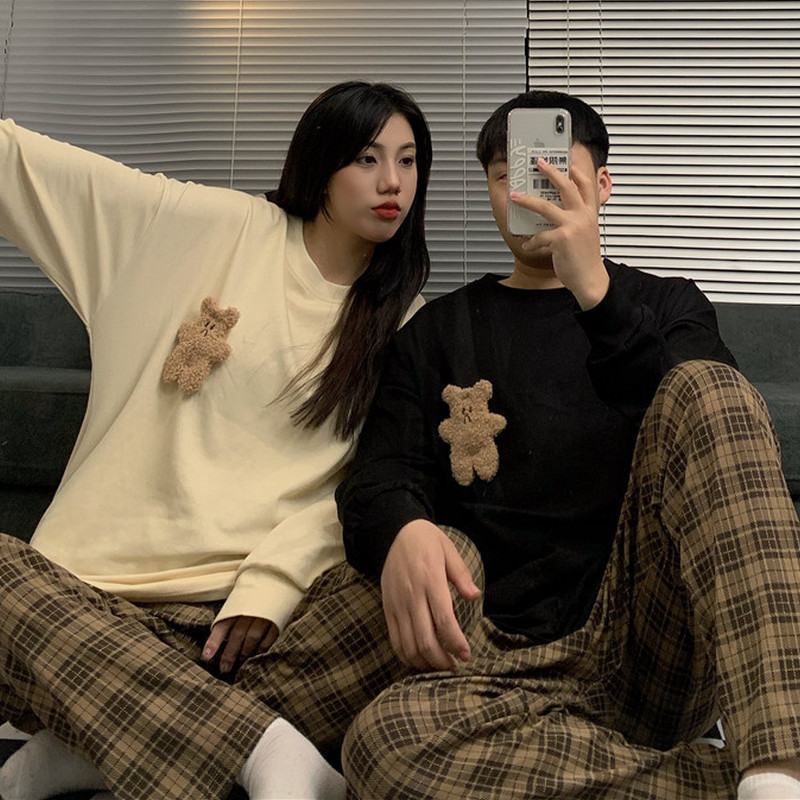 Factory wholesale pajamas lovers outfit spring and autumn men's and women's long sleeve trousers two-piece Korean version of bear simple home clothes