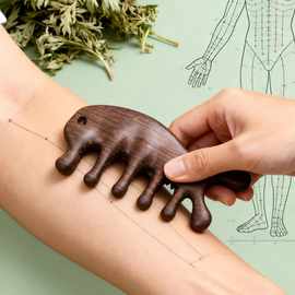 厂家批发黑檀木梳头部按摩经络梳五齿球头多功能头疗宽齿点穴梳子