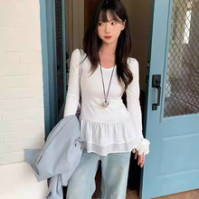 【270克德绒1x1】韩系白色芭蕾正肩长袖t恤女秋内搭设计感花边下