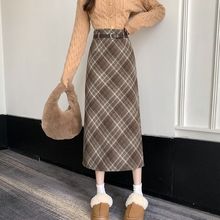 卡其色复古格子毛呢半身裙女秋冬季小个子高腰开叉字包臀中长裙