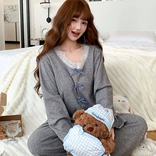 新跨境秋冬毛巾绒女士睡衣带胸垫款蕾丝边家居服套装可外穿花边款