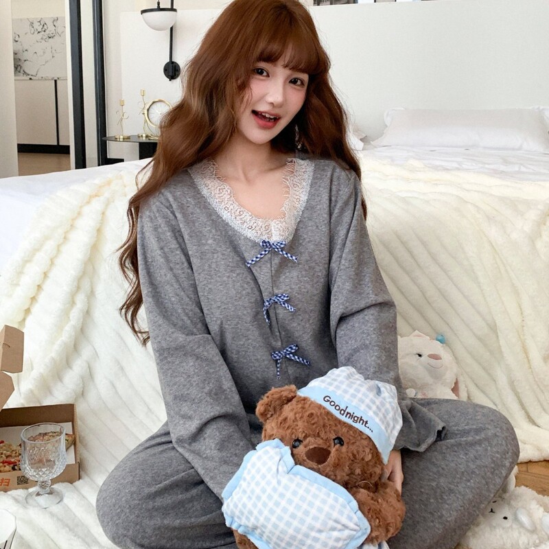 New Cross-Border Autumn and Winter Terry Velvet Women's Pajamas with Chest Pads, Lace-Trimmed Loungewear Set That Can Be Worn Outside, Lace Style