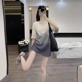 2025新款爆款女装灰色短袖T恤女夏季潮牌宽松大版洋气中长款上衣
