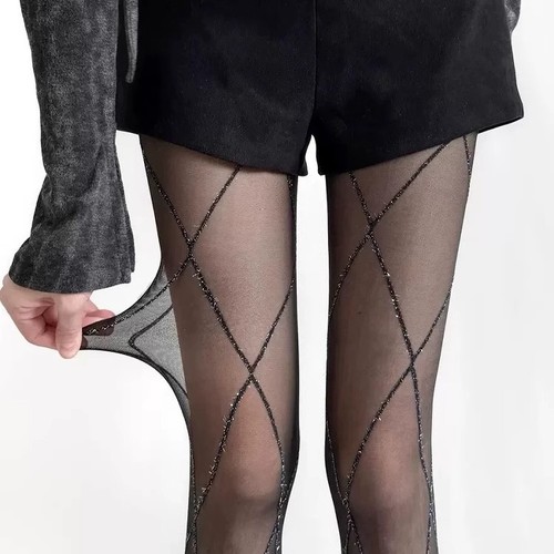 Grey system grey silver thread cross diamond black thread design sense lines sexy base tights for women thin version