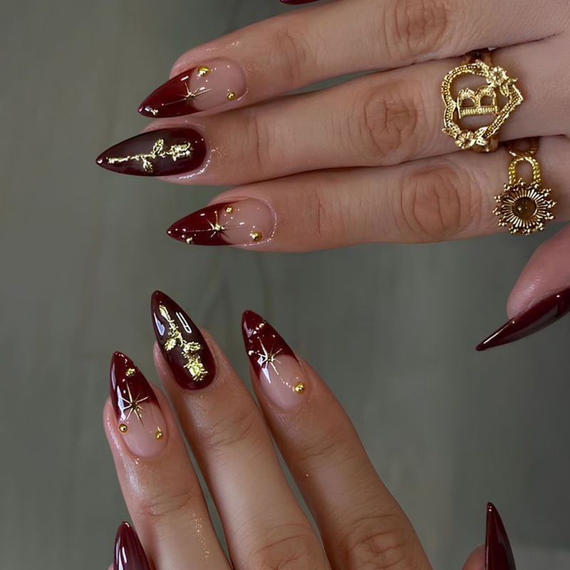 Wearable Almond-Shaped Wine Red Nails with Smudged Starburst Rose Designs and Steel Bead Embellishments, Reusable Fake Nails Wearable Almond-Shaped Wine Red Nails with Smudged Starburst Rose Designs and Steel Bead Embellishments, Reusable Fake Nails