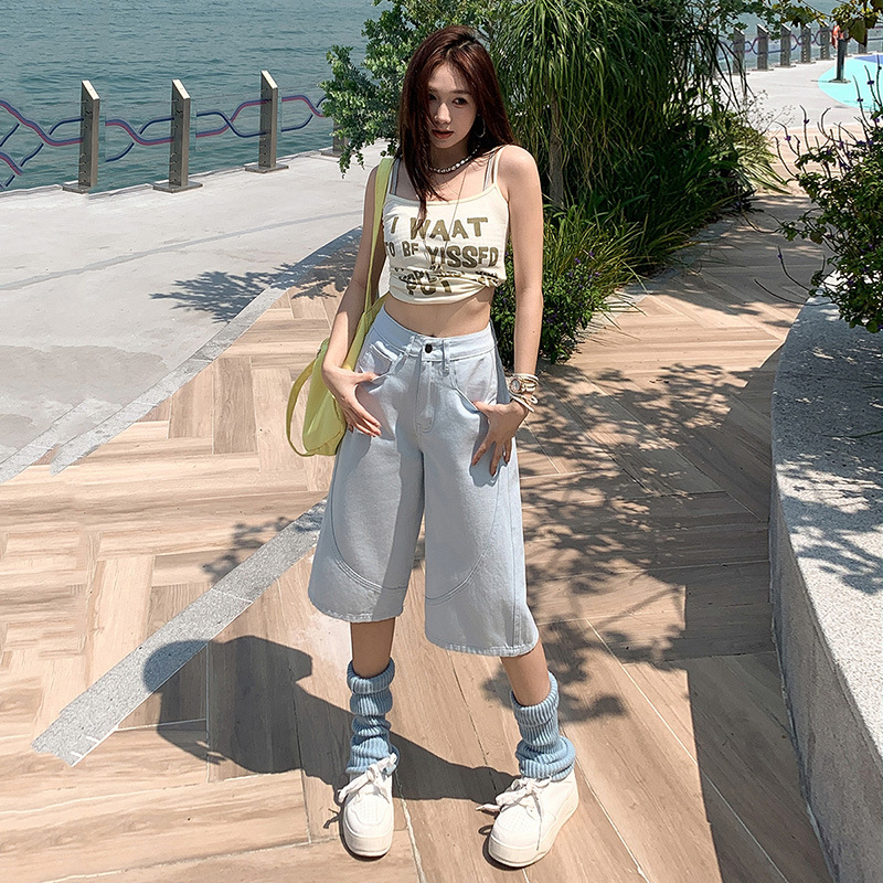 New Chinese Style Denim Cropped Pants for Women, Summer New Design, Loose Trendy Relaxed Casual Straight Mid-Length Pants for Women