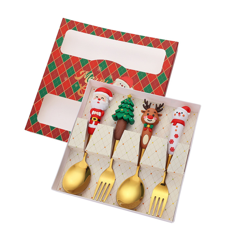 新しいクリスマス人形スプーンとフォークかわいい楽しいサンタクロースクリスマスツリーゴールデンクリスマスフォークとスプーン食器セット|undefined