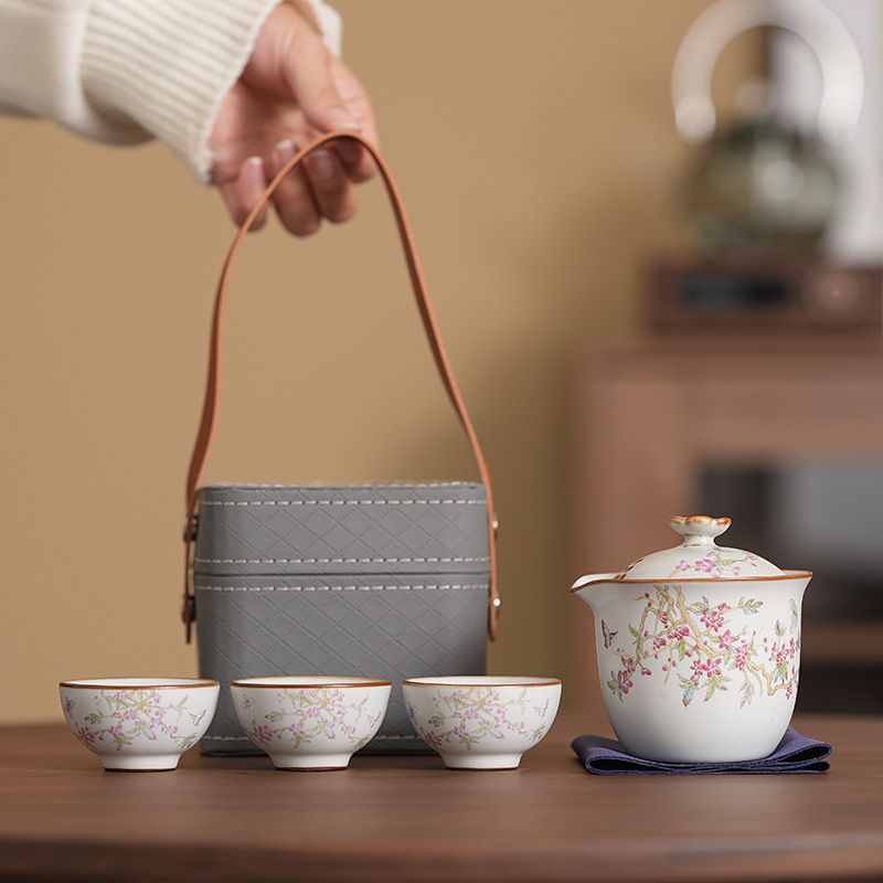 Travel Tea Set suit Portable Outdoor Ru Kiln Express Cup One Pot Three Cups Ceramic Business Activities Accompanying Gift
