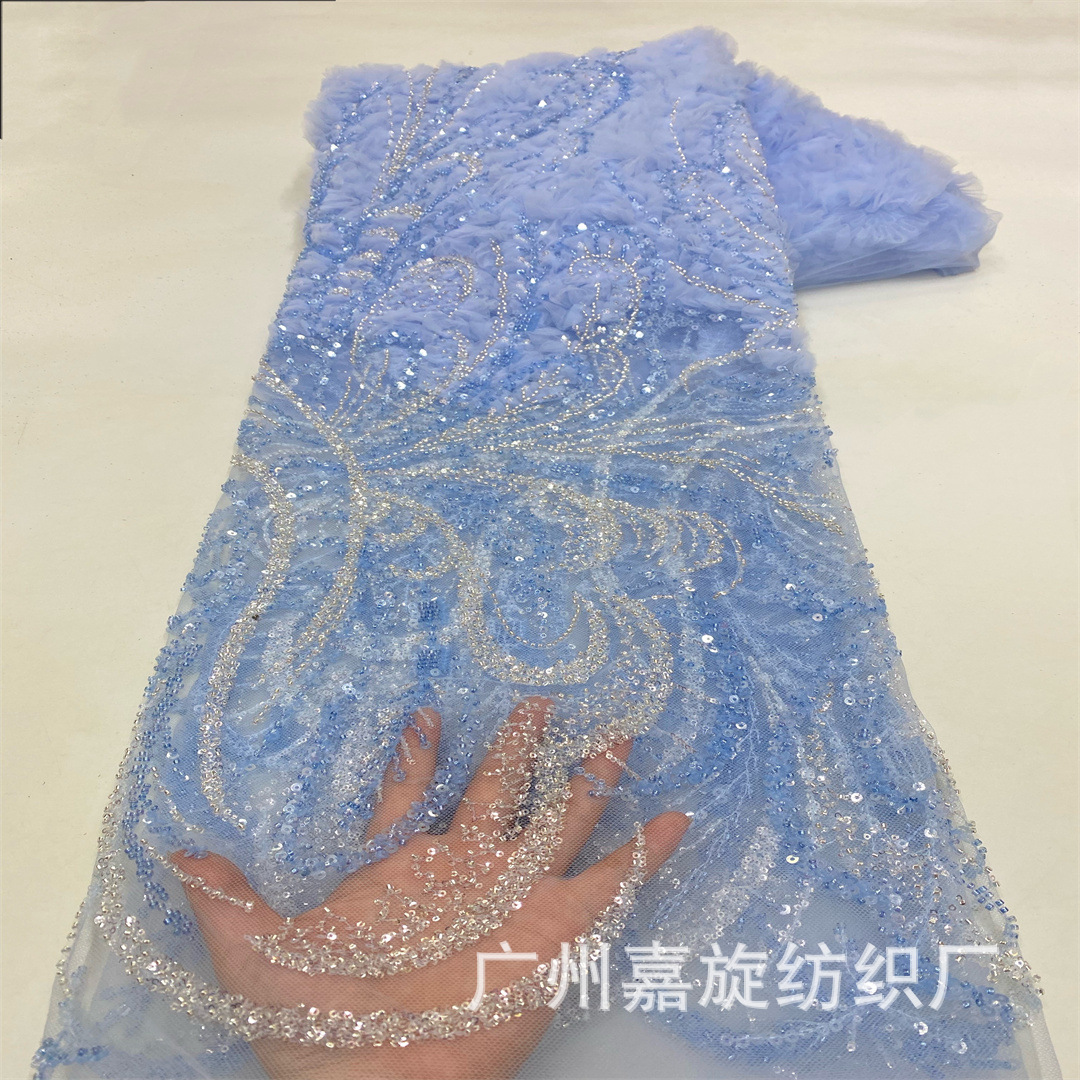 Placa tridimensional de encaje tubo de perlas de posicionamiento flor grande vestido de boda tela alta fijación vestido de banquete rendimiento T pasarela tela bordada