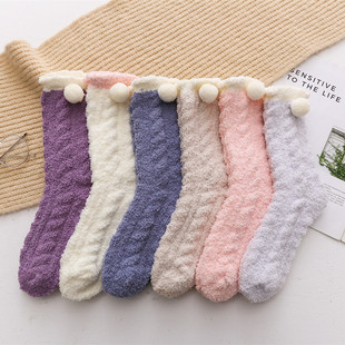 Autumn and Winter New Coral Fleece Women's Socks Fur Ball Thickened Warm Mid-length Socks Home Floor Socks Swept Sweet Socks
