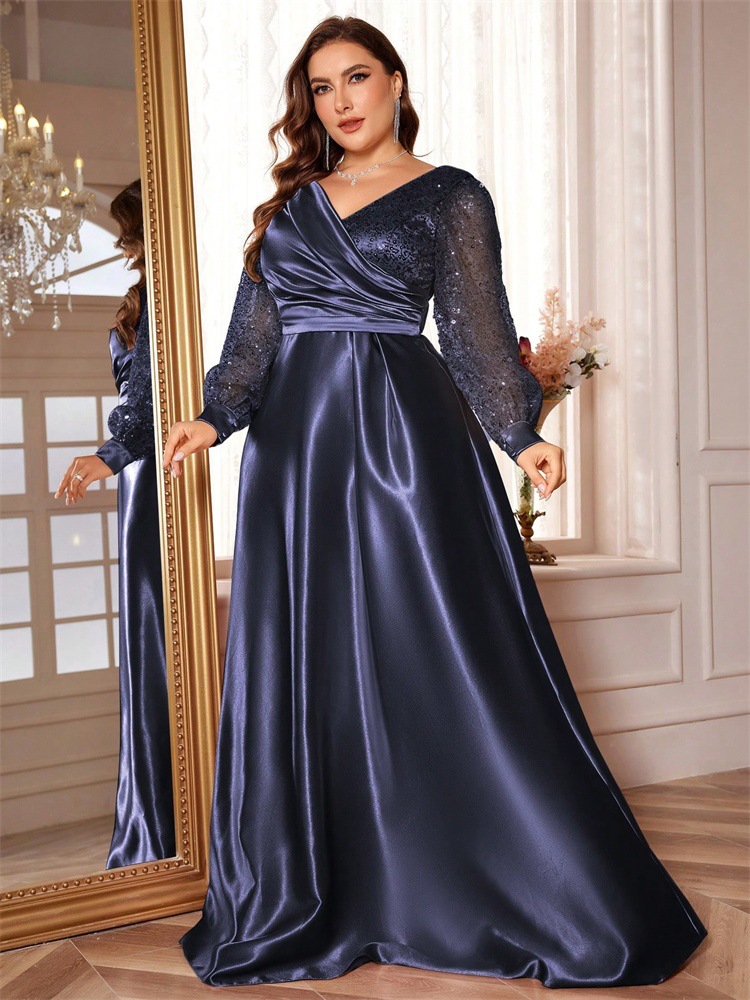 ChicShe Cross-Border Neues elegantes Plus-Size-Kleid aus Satin mit Pailletten, langen Ärmeln, V-Ausschnitt, schmal geschnitten, für Brautjungfern, Bankette und Abendveranstaltungen_voghion.com