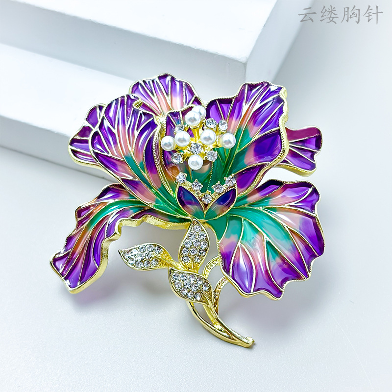 Flower Blossom Enamel Peony Brooch High-End Light Luxury Pearl Flower Brooch High-End Pin Accessories Clothing Accessories