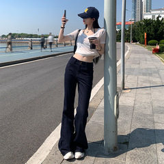 女性用ダークブルーマイクロフレアジーンズ夏ハイウエストスリムストレッチアメリカンレトロノンフィットストレートワイドレッグパンツ