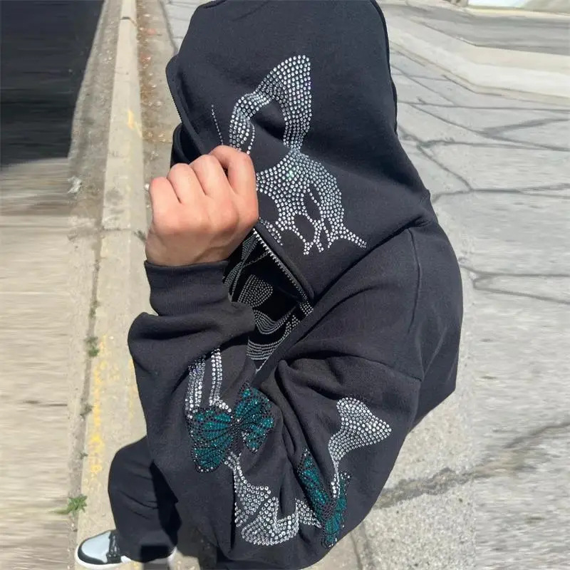 Gilet à capuche imprimé strass, fermeture éclair, coupe ample, unisexe, style Y2K_voghion.com