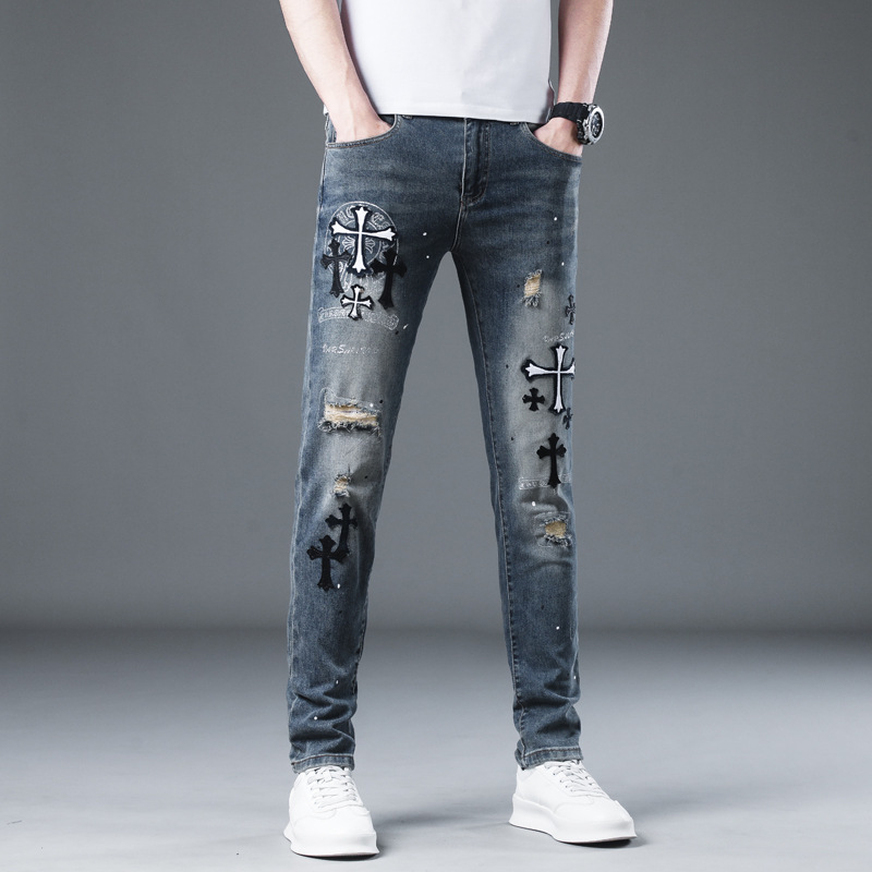 Personalized embroidered jeans, men's trend with torn patches, fashionable and versatile elastic slim pants, summer 2024_voghion.com
