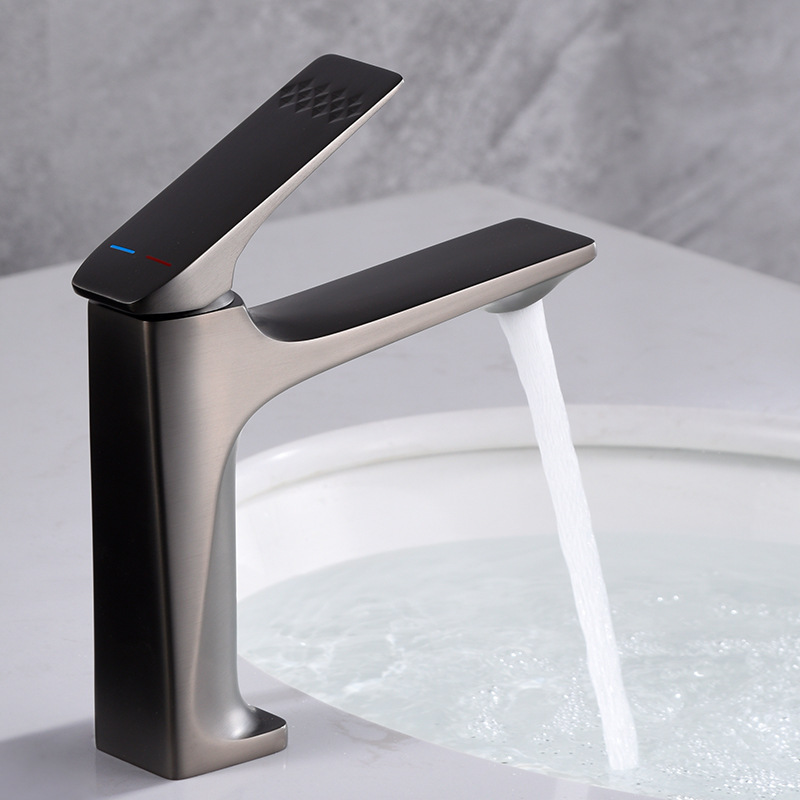 All Copper Basin Faucet Gun Gray Bathroom Wash Basin Household Cream Style Bathroom Faucet Hot and Cold Light Luxury