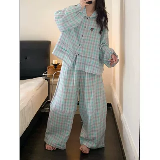 蓝色清新撞色格纹睡衣女早秋2026新款慵懒舒适长袖长裤家居服套装