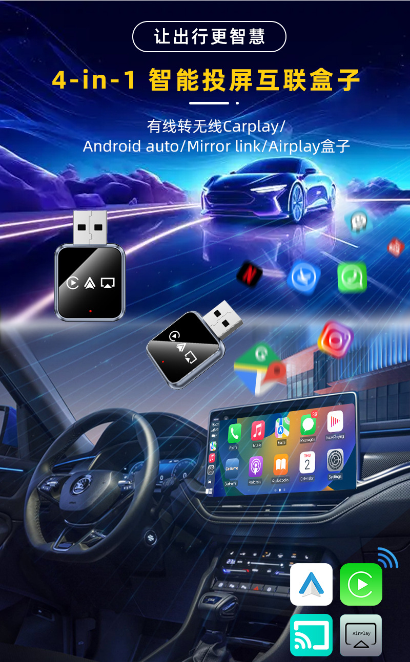 4-in-1 Wired to Wireless Carplay Box, Car-Machine Connectivity Box, Screen Mirroring, Smart Carplay Box