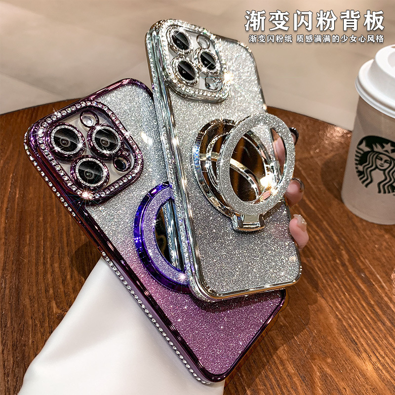 IPhone16メッキ水ドリル化粧鏡磁気吸引スタンド携帯ケースリンゴ15レンズ付きフラッシュソフトカバー|undefined