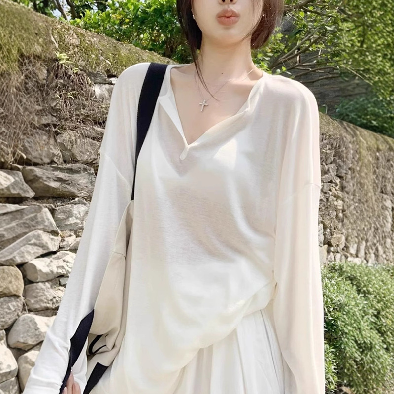 2088Fs # Sun Protection Blouse 2025 New Slightly See-Through Long-Sleeved T-Shirt Thin Outer Wear Early Autumn White Gauze Top