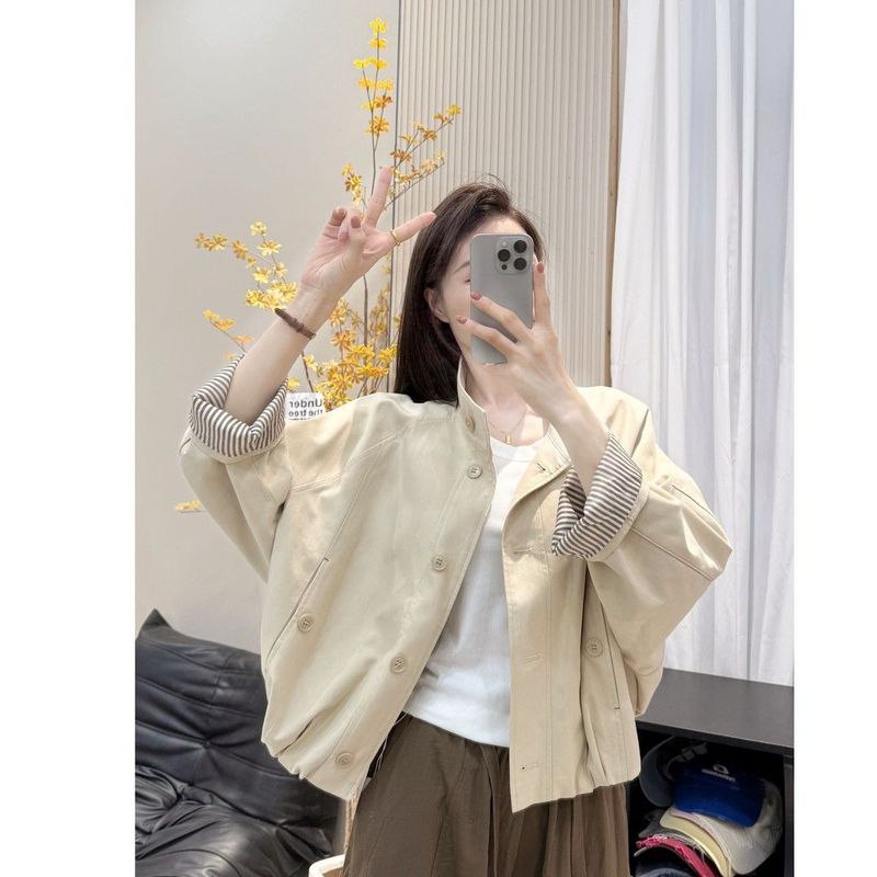 洋气立领夹克外套女2025春秋新款宽松休闲条纹短外套短款上衣女|undefined