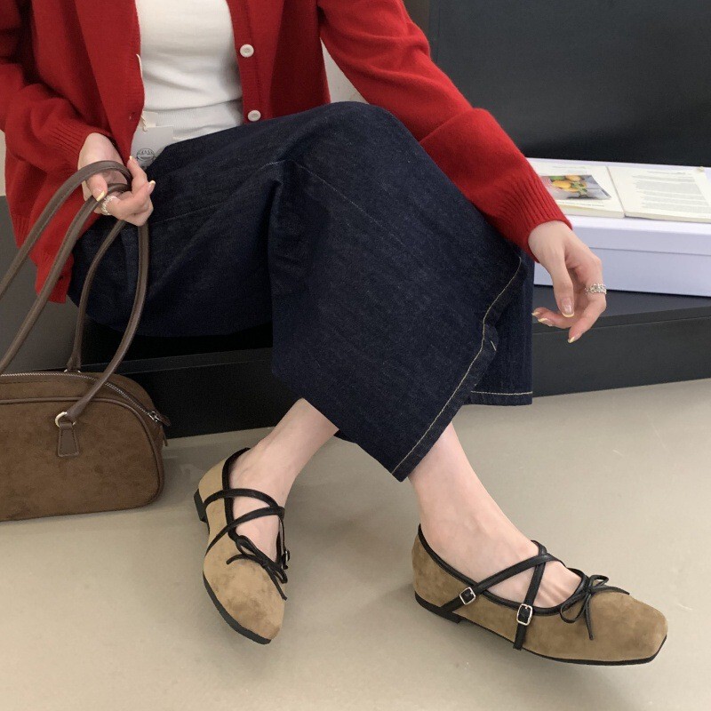 复古温柔仙女配裙低跟方头蝴蝶结一字带单鞋女2025新款芭蕾风女鞋|undefined