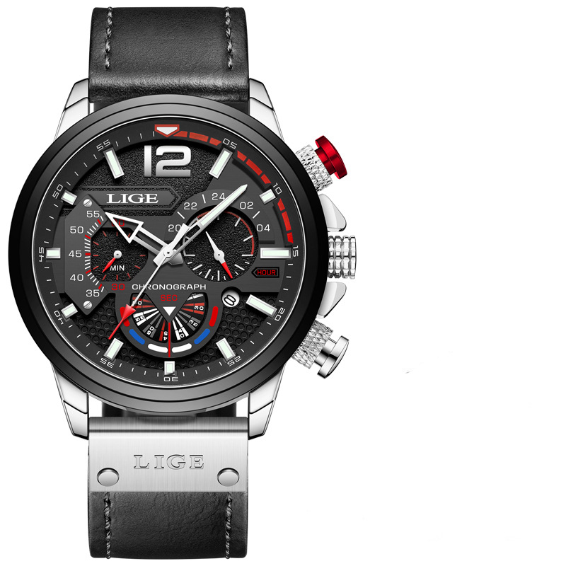 LIGE 8959 nuevo cinturón de seis pines calendario personalidad dial luminoso aguja multifuncional transfronteriza reloj de hombre