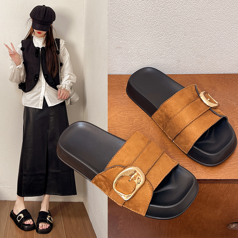 2025 Summer New Explosions Sandals and Slippers Women's Fashion Light Luxury Metal Square Buckle Thick Bottom Holiday Beach Leisure One-Word Shops