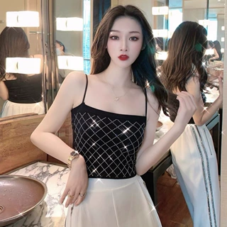 2021新款网络时尚美背烫钻宽肩带裹胸性感背心带胸垫百搭潮款