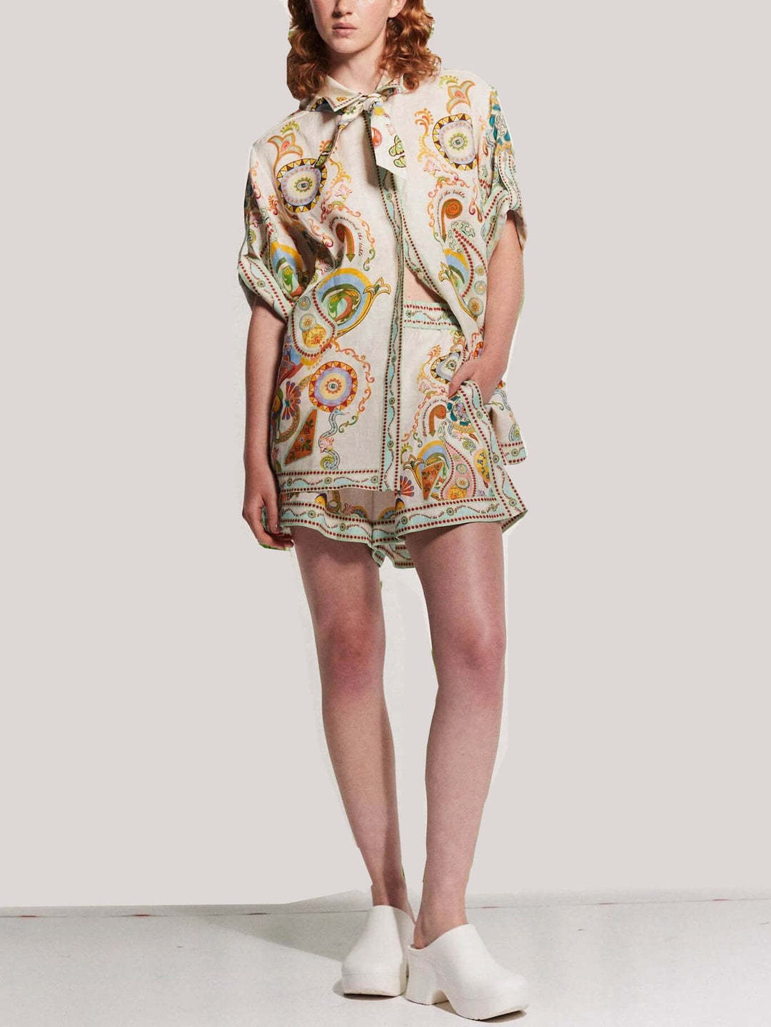 Linen Graffiti Linen Macaron Collared Shorts Sets