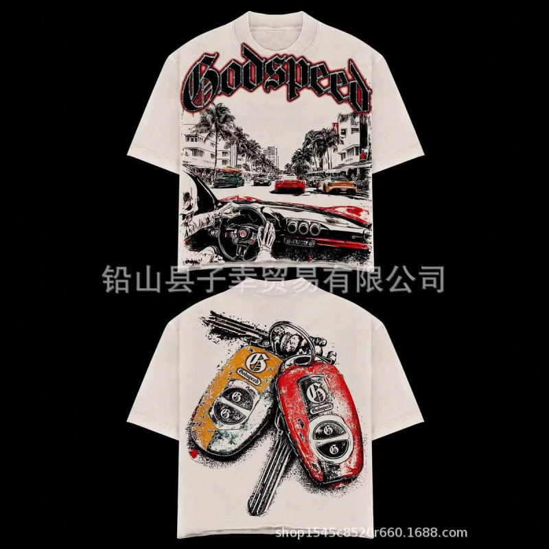 Cross-Border American Retro Racing Skull Double-Sided Printed Short-Sleeved T-Shirt for Men, High Street Fashion Brand Loose Half-Sleeved Top