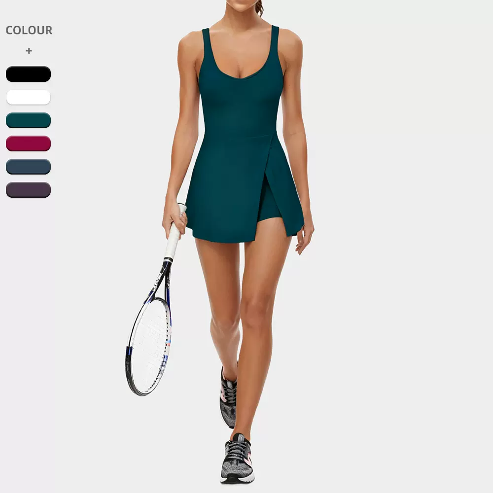 跨境吊带分叉连体运动连衣裙女高腰防走光户外羽毛球网球服裙1286