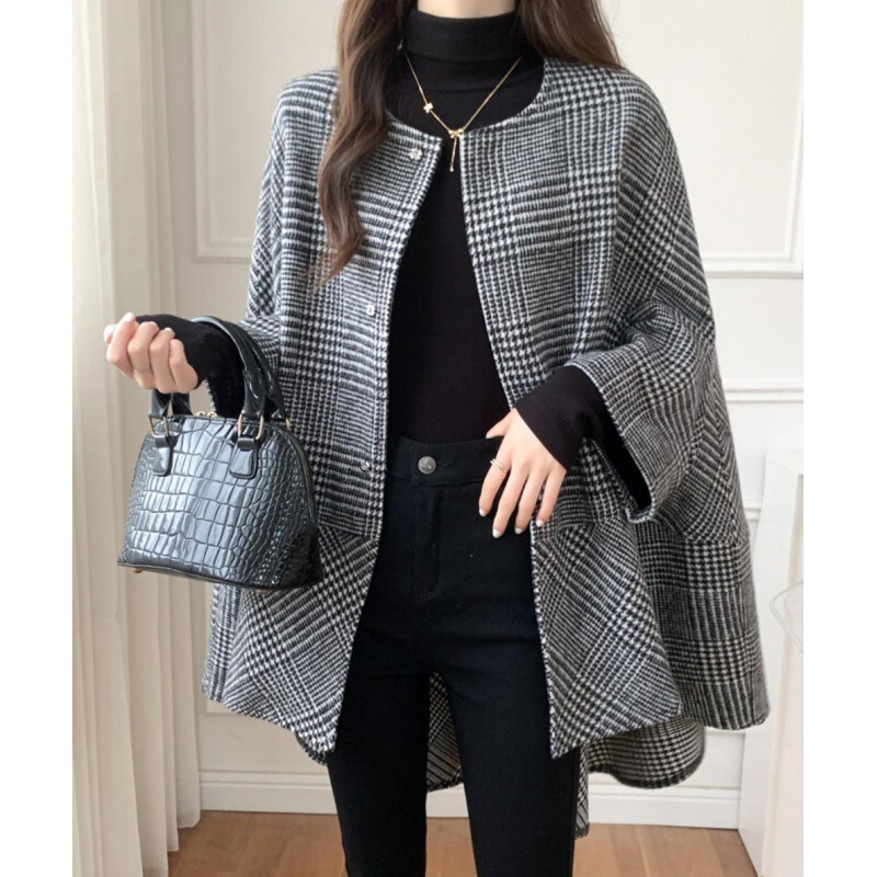 Mid-length cardigan round neck plaid coat cape for women 2023 autumn and winter New Korean style fashion trendy coat for women