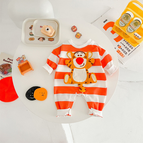 Cute tiger striped onesie for babies in autumn, suitable for 0-2 year old boys and girls, fashionable track pants.