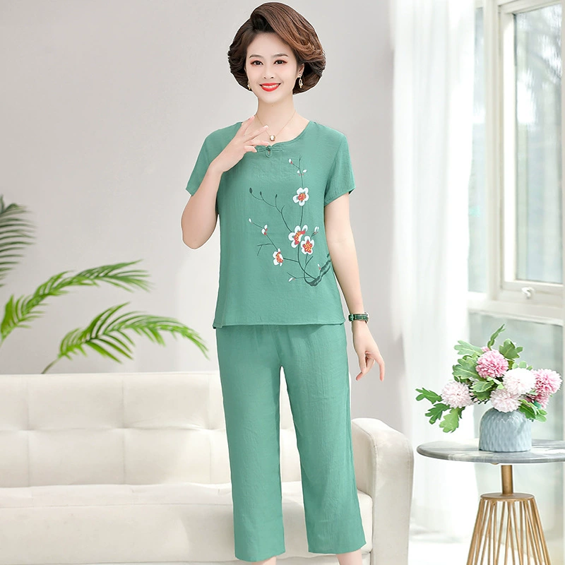 Летний костюм для новоиспеченной мамы 2025 года, модный топ-двойка, летняя футболка с коротким рукавом для женщин среднего и пожилого возраста