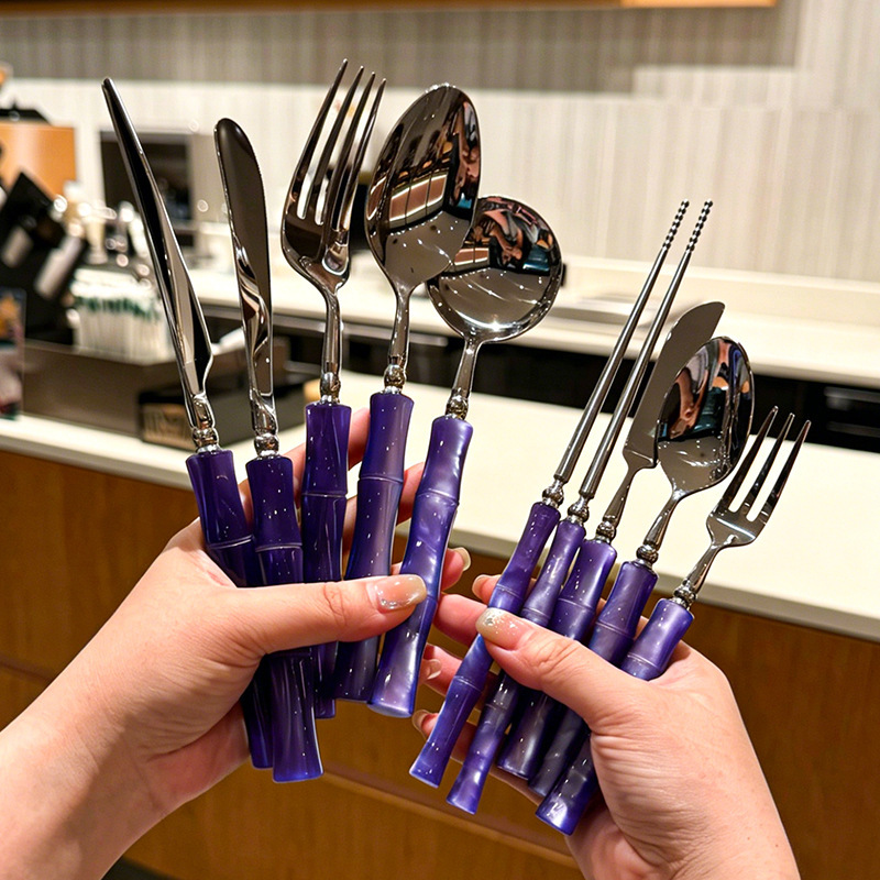 304 Stainless Steel Acrylic Bamboo Handle Western-Style Home Steak Thickened Knife and Fork Hotel Restaurant Round Spoon Fork Tableware